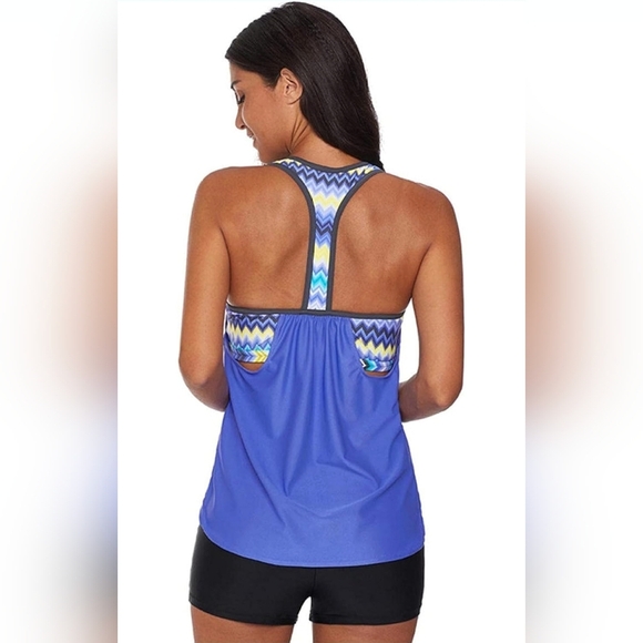 Swim Suit Side Racer Back Striped Printed Strappy T-Back Tankini Top Size Large - Picture 8 of 14